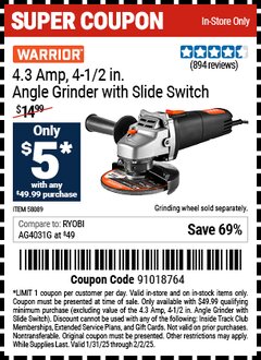 Harbor Freight Coupon WARRIOR 4.3 AMP, 4-1/2 IN. ANGLE GRINDER WITH SLIDE SWITCH Lot No. 58089 Expired: 2/2/25 - $5