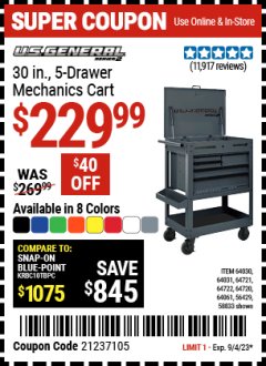 Harbor Freight Coupon U.S. GENERAL 30 IN., 5 DRAWER MECHANICS CART Lot No. 64030/64031/64721/64722/64720/64061/56429/58833 Expired: 9/4/23 - $229.99
