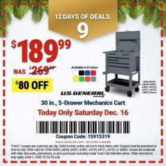 Harbor Freight Coupon U.S. GENERAL 30 IN., 5 DRAWER MECHANICS CART Lot No. 64030/64031/64721/64722/64720/64061/56429/58833 Expired: 12/16/23 - $189.99
