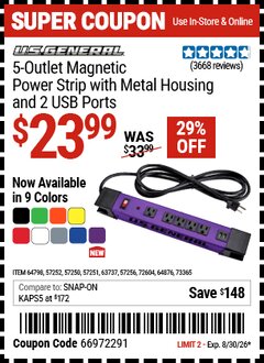 Harbor Freight Coupon U.S. GENERAL 5-OUTLET MAGNETIC POWER STRIP WITH METAL HOUSING AND 2 USB PORTS Lot No. 57250/57251/57252/57256/63737/64798/64876 Valid Thru: 8/30/26 - $23.99