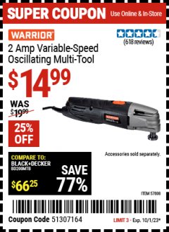 Harbor Freight Coupon 2 AMP VARIABLE SPEED OSCILLATING MULTI-TOOL Lot No. 57808 Valid Thru: 10/1/23 - $14.99