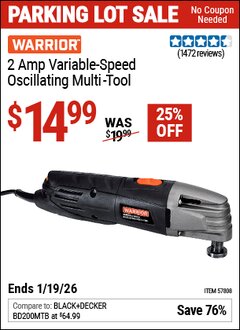 Harbor Freight Coupon WARRIOR 2 AMP VARIABLE-SPEED OSCILLATING MULTI-TOOL Lot No. 57808 Expired: 12/31/69 - $14.99