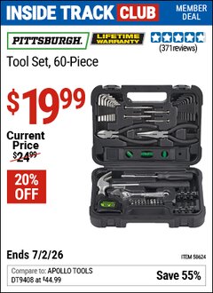 Harbor Freight ITC Coupon PITTSBURGH TOOL SET, 60-PIECE Lot No. 58624 Dates Valid: 12/31/69 - 7/2/26 - $19.99