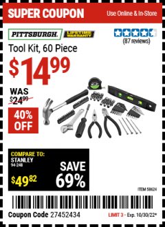 Harbor Freight Coupon PITTSBURGH TOOL KIT, 60 PC. Lot No. 58624 Expired: 10/30/22 - $14.99