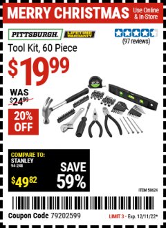Harbor Freight Coupon PITTSBURGH TOOL KIT, 60 PC. Lot No. 58624 Expired: 12/11/21 - $19.99
