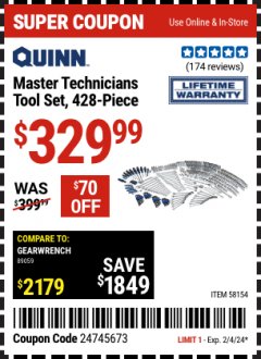 Harbor Freight Coupon QUINN MASTER TECHNICIAN TOOL SET 428 PC. Lot No. 58154 Expired: 2/4/24 - $329.99