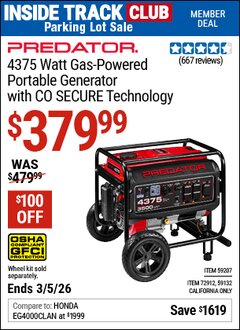 Harbor Freight ITC Coupon PREDATOR 4375 WATT GAS-POWERED PORTABLE GENERATOR WITH CO SECURE TECHNOLOGY, 49-STATE COMPLIANT Lot No. 59207/59132/72912 Expired: 3/5/26 - $379.99