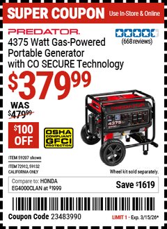 Harbor Freight Coupon PREDATOR 4375 WATT GAS-POWERED PORTABLE GENERATOR WITH CO SECURE TECHNOLOGY, 49-STATE COMPLIANT Lot No. 59207/59132/72912 Expired: 3/15/26 - $379.99