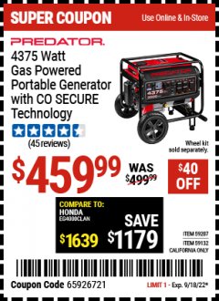 Harbor Freight Coupon PREDATOR 4375 WATT GAS POWERED PORTABLE GENERATOR WITH CO SECURE TECHNOLOGY Lot No. 59207, 59132 Expired: 9/18/22 - $459.99