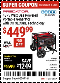 Harbor Freight Coupon PREDATOR 4375 WATT GAS POWERED PORTABLE GENERATOR WITH CO SECURE TECHNOLOGY Lot No. 59207, 59132 Expired: 1/8/23 - $449.99