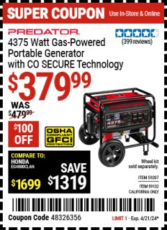 Harbor Freight Coupon PREDATOR 4375 WATT GAS-POWERED PORTABLE GENERATOR WITH CO SECURE TECHNOLOGY Lot No. 59132/59207/72912 Expired: 4/21/24 - $379.99