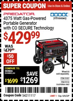 Harbor Freight Coupon PREDATOR 4375 WATT GAS-POWERED PORTABLE GENERATOR WITH CO SECURE TECHNOLOGY Lot No. 59132/59207/72912 Expired: 6/6/24 - $429.99