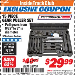Harbor Freight ITC Coupon 14 PIECE GEAR PULLER SET Lot No. 62958 Expired: 2/29/20 - $29.99