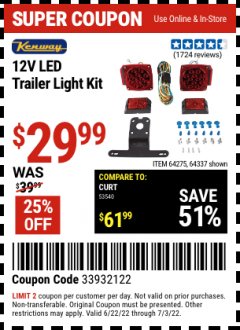 Harbor Freight Coupon KENWAY 12-VOLT LED TRAILER LIGHT KIT Lot No. 64275, 64337 Expired: 7/3/22 - $29.99