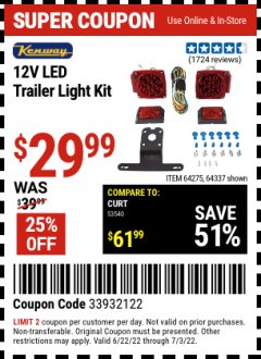 Harbor Freight Coupon KENWAY 12-VOLT LED TRAILER LIGHT KIT Lot No. 64275/64337 Expired: 7/3/22 - $29.99