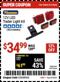 Harbor Freight Coupon KENWAY 12-VOLT LED TRAILER LIGHT KIT Lot No. 64275/64337 Expired: 8/18/22 - $34.99