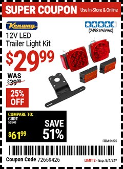 Harbor Freight Coupon KENWAY 12-VOLT LED TRAILER LIGHT KIT Lot No. 64275/64337 Expired: 8/4/24 - $29.99