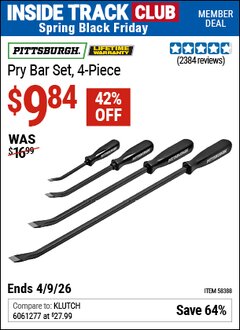 Harbor Freight ITC Coupon PITTSBURGH PRY BAR SET, 4-PIECE Lot No. 58388 Expired: 4/9/26 - $9.84