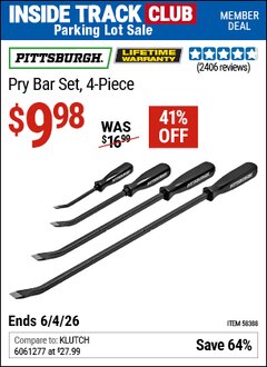 Harbor Freight ITC Coupon PITTSBURGH PRY BAR SET, 4-PIECE Lot No. 58388 Expired: 6/4/26 - $9.98