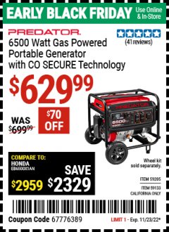 Harbor Freight Coupon PREDATOR 6500 WATT GAS-POWERED PORTABLE GENERATOR WITH CO SECURE TECHNOLOGY Lot No. 59205/59133/72920 Expired: 11/23/22 - $629.99
