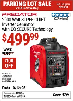 Harbor Freight Coupon PREDATOR 2000 WATT SUPER QUIET INVERTER GENERATOR WITH CO SECURE TECHNOLOGY Lot No. 71343/59135 Expired: 10/12/25 - $499.99