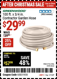 Harbor Freight Coupon 100 FT. X 3/4IN. CONTRACTER GARDEN  HOSE Lot No. ITEM 61720, 61906, 63396 Expired: 1/7/24 - $29.99