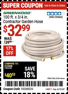 Harbor Freight Coupon 100 FT. X 3/4IN. CONTRACTER GARDEN  HOSE Lot No. ITEM61720/61906/63396 Expired: 8/15/24 - $32.99