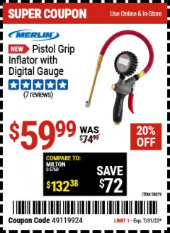 Harbor Freight Coupon MERLIN PISTOL GRIP INFLATOR WITH DIGITAL GAUGE Lot No. 58879 Expired: 7/31/22 - $59.99