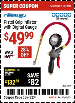 Harbor Freight Coupon MERLIN PISTOL GRIP INFLATOR WITH DIGITAL GAUGE Lot No. 58879 Expired: 10/13/22 - $49.99