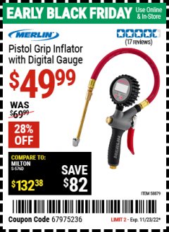 Harbor Freight Coupon MERLIN PISTOL GRIP INFLATOR WITH DIGITAL GAUGE Lot No. 58879 Expired: 11/23/22 - $49.99