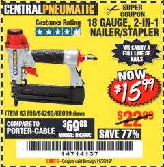 Harbor Freight Coupon 18 GAUGE 1/4" CROWN STAPLER Lot No. 69719/68018 Expired: 11/30/18 - $15.99