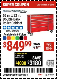 Harbor Freight Coupon US GENERAL 56 IN. X 22 IN. DOUBLE BANK ROLLER CABINET (ALL COLORS) Lot No. 64864, 56110, 56111, 56112, 64458, 64165 Expired: 8/18/22 - $849.99