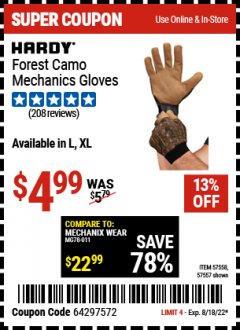 Harbor Freight Coupon HARDY FOREST CAMO MECHANICS GLOVES Lot No. 57558, 57557 Valid Thru: 8/18/22 - $4.99