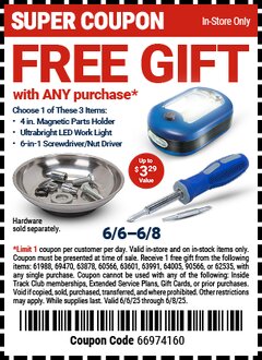 Harbor Freight FREE Coupon 144 LUMEN ULTRA BRIGHT LED PORTABLE WORK LIGHT/FLASHLIGHT Lot No. 60566/62532/63601/63991/64005/63878 Expired: 6/8/25 - FWP