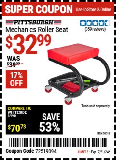 Harbor Freight Coupon PITTSBURGH AUTOMOTIVE MECHANICS ROLLER SEAT Lot No. 58518 Expired: 7/21/24 - $32.99