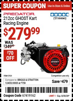 Harbor Freight Coupon PREDATOR 212CC GHOST KART RACING ENGINE Lot No. 57531 Valid Thru: 8/30/26 - $279.99