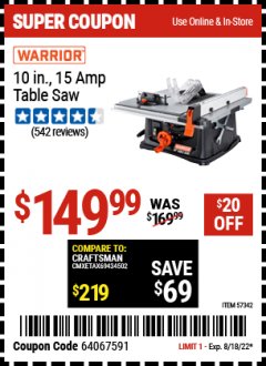 Harbor Freight Coupon 10IN., 15 AMP TABLE SAW Lot No. 57342 Expired: 8/18/22 - $149.99