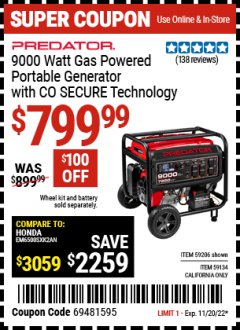 Harbor Freight Coupon PREDATOR 9000 WATT GAS POWERED PORTABLE GENERATOR WITH CO SECURE TECHNOLOGY  Lot No. 59206 Expired: 11/20/22 - $799.99