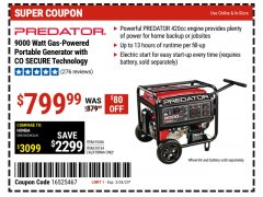 Harbor Freight Coupon PREDATOR 9000 WATT GAS POWERED PORTABLE GENERATOR WITH CO SECURE TECHNOLOGY  Lot No. 59206 Expired: 3/26/23 - $799.99