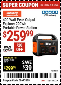 Harbor Freight Coupon 400 WATT PEAK OUTPUT EXPLORER 290 WH PORTABLE POWER STATION Lot No. 58211 Expired: 10/1/23 - $259.99