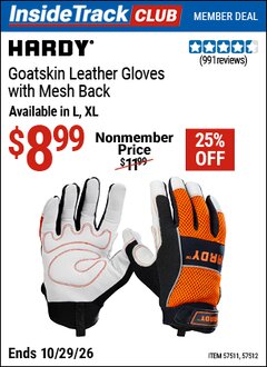 Harbor Freight ITC Coupon HARDY GOATSKIN LEATHER GLOVES WITH MESH BACK Lot No. 57512/57511 Valid Thru: 10/29/26 - $8.99
