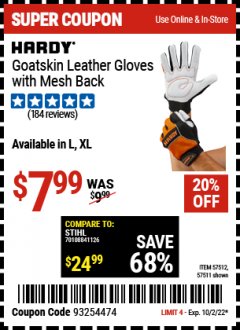 Harbor Freight Coupon HARDY GOATSKIN LEATHER GLOVES WITH MESH BACK Lot No. 57512, 57511 Expired: 10/2/22 - $7.99