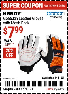 Harbor Freight Coupon HARDY GOATSKIN LEATHER GLOVES WITH MESH BACK Lot No. 57512/57511 Valid Thru: 6/7/26 - $7.99
