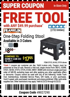 Harbor Freight FREE Coupon FRANKLIN ONE-STEP FOLDING STOOL Lot No. 57576, 57575, 56185 Expired: 6/25/23 - FWP