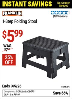 Harbor Freight Coupon FRANKLIN 1-STEP FOLDING STOOL, BLACK Lot No. 57576 Valid Thru: 3/5/26 - $5.99