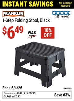 Harbor Freight Coupon FRANKLIN 1-STEP FOLDING STOOL, BLACK Lot No. 57576 Valid Thru: 6/4/26 - $6.49