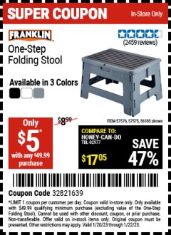 Harbor Freight Coupon FRANKLIN ONE-STEP FOLDING STOOL Lot No. 57576, 57575, 56185 Expired: 1/22/23 - $5