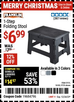Harbor Freight Coupon FRANKLIN ONE-STEP FOLDING STOOL Lot No. 57576, 57575, 56185 Expired: 12/24/23 - $6.99