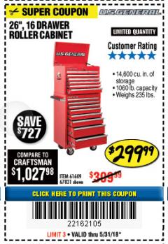 Harbor Freight Coupon 26", 16 DRAWER ROLLER CABINET Lot No. 67831/61609 Expired: 5/31/18 - $299.99