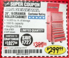 Harbor Freight Coupon 26", 16 DRAWER ROLLER CABINET Lot No. 67831/61609 Expired: 6/30/18 - $299.99